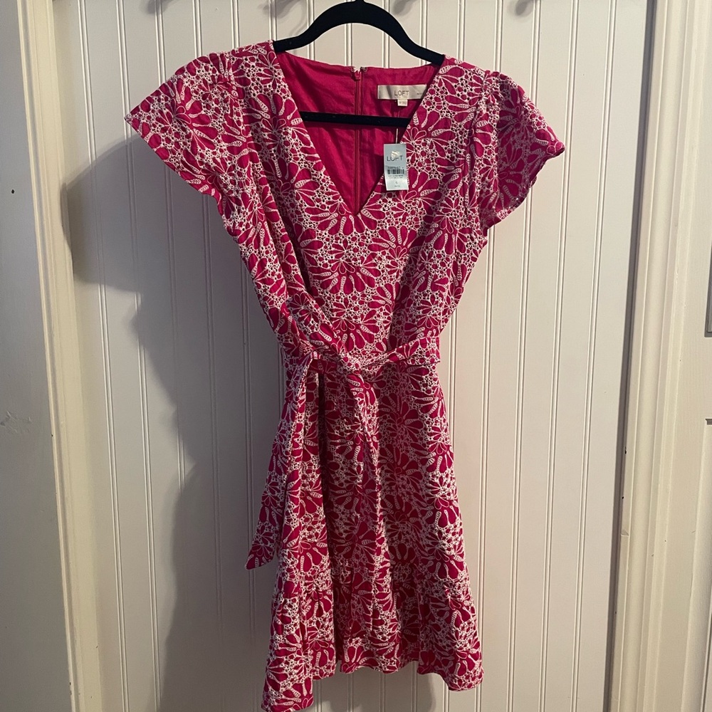 LOFT Pink and White Embroidered Floral Flutter Dress